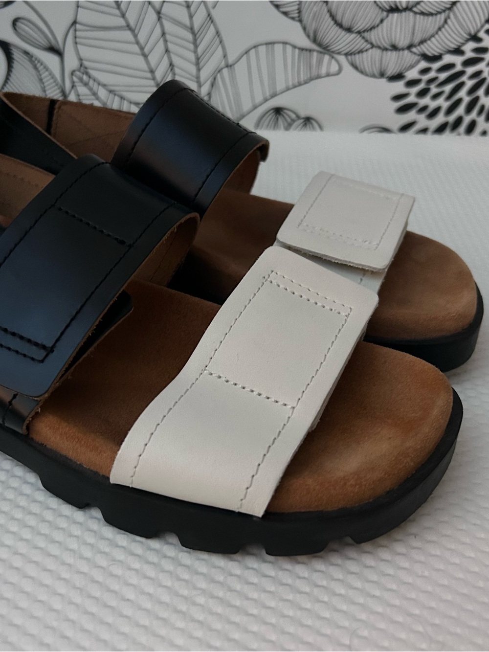 Camper Women’s Black and White “Brutus” Leather Sandals